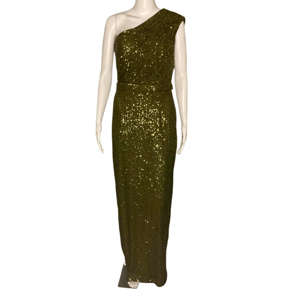 NWT Ieena for Mac Duggal 26694 Olive Sequined Ruched One Shoulder Gown - Sz 8 - Picture 5 of 12